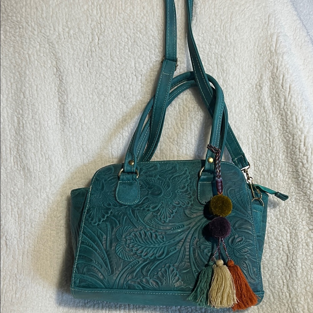 Teal Embossed Shoulder Bag with Tassels
